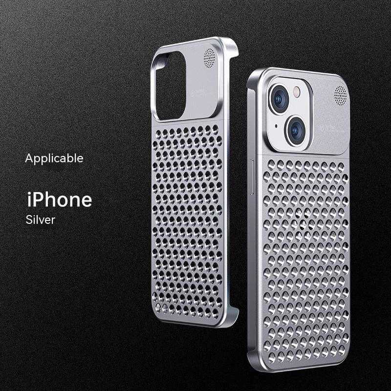 Aluminum alloy phone case for iPhone 13 Pro Max in silver, featuring anti-fall design and ventilation for heat dissipation.