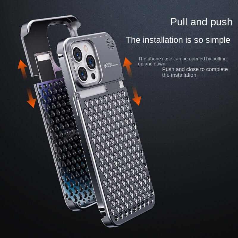 Aluminum alloy phone case being installed with pull and push mechanism, showcasing ease of use and modern design.