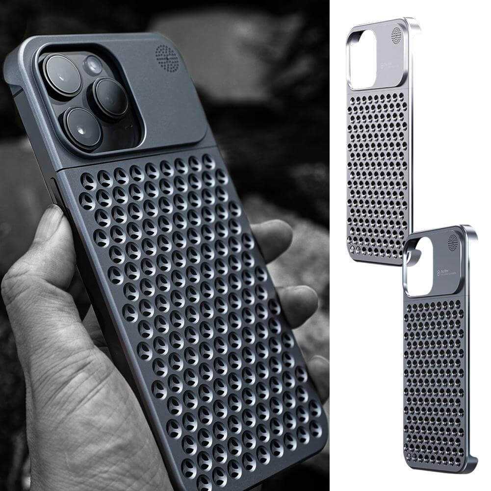 Aluminum alloy phone case for iPhone 14 13 Pro Max featuring anti-fall design and unique aromatherapy tablet slot.