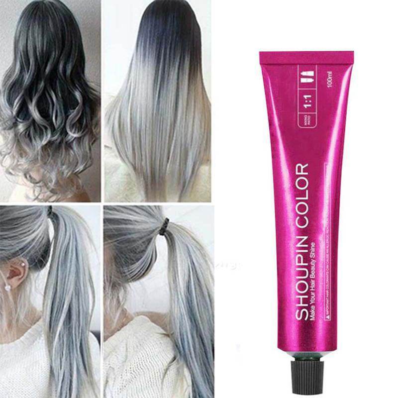 Ammonia-free natural hair dye cream in pink tube with silver and gray hair color samples