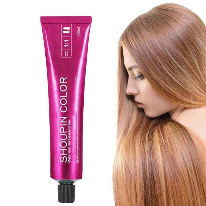 Ammonia-free formula natural hair dye tube with long smooth brown hair model