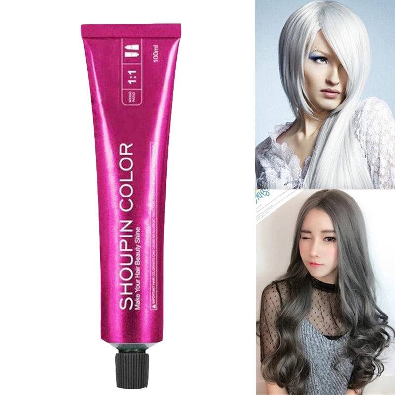 Ammonia-Free Formula natural hair dye in a pink tube with model showcasing silver and dark gray hair colors