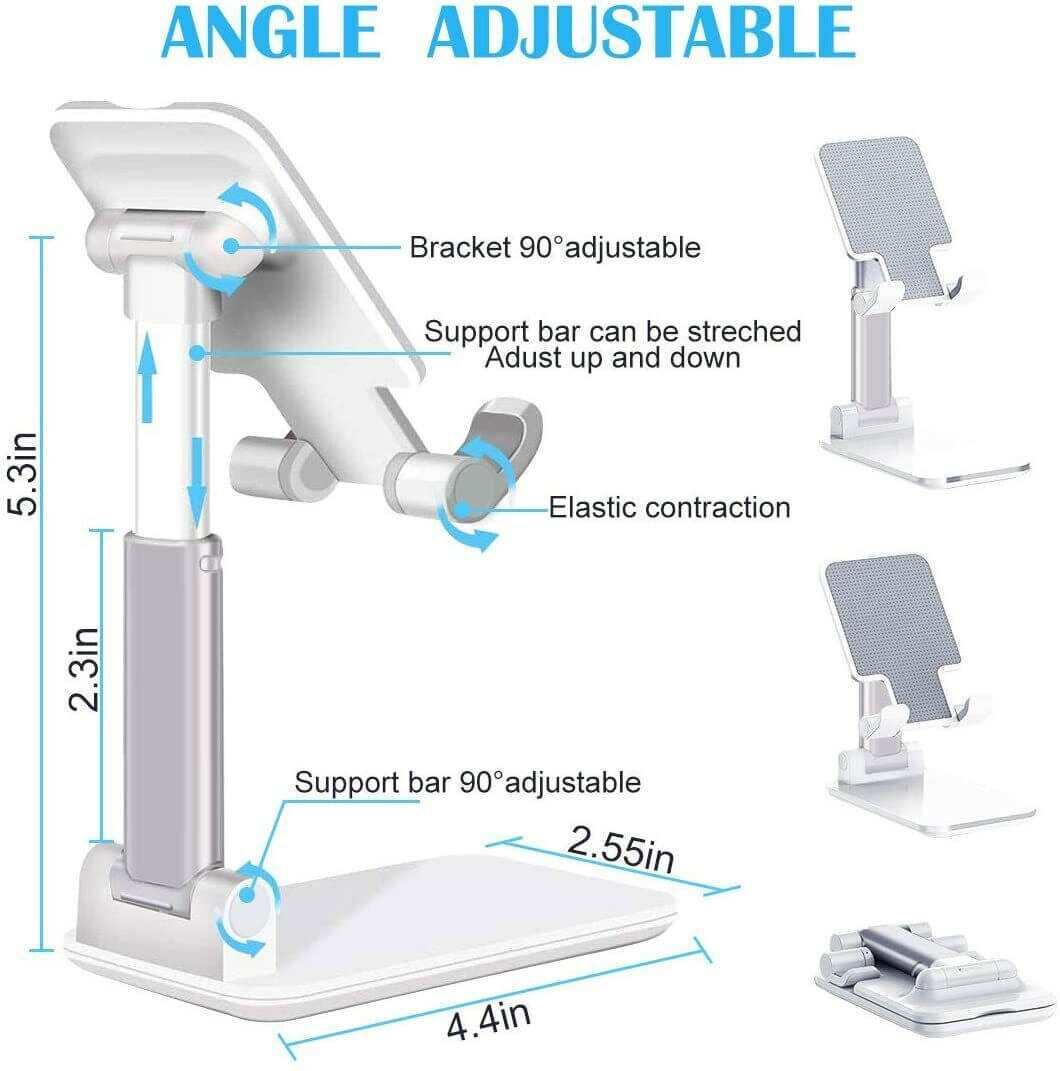Adjustable cell phone stand showing angle and height adjustments, ideal for desks and tablets.
