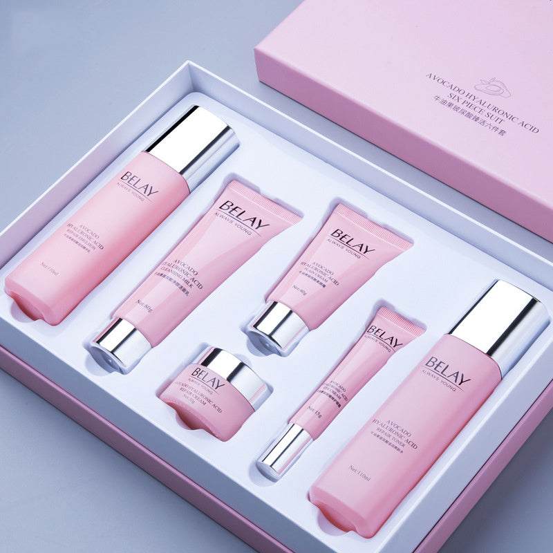 Anti-aging professional skin care bundle with pink avocado hyaluronic acid products in gift box