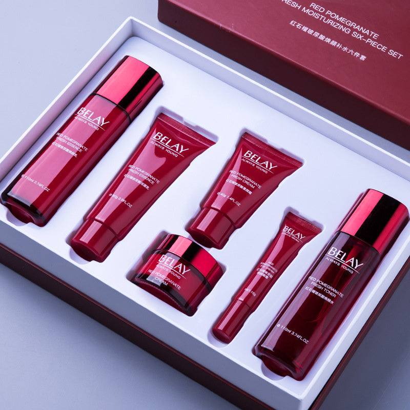 Anti-aging professional skin care bundle with pomegranate hyaluronic acid products in red packaging