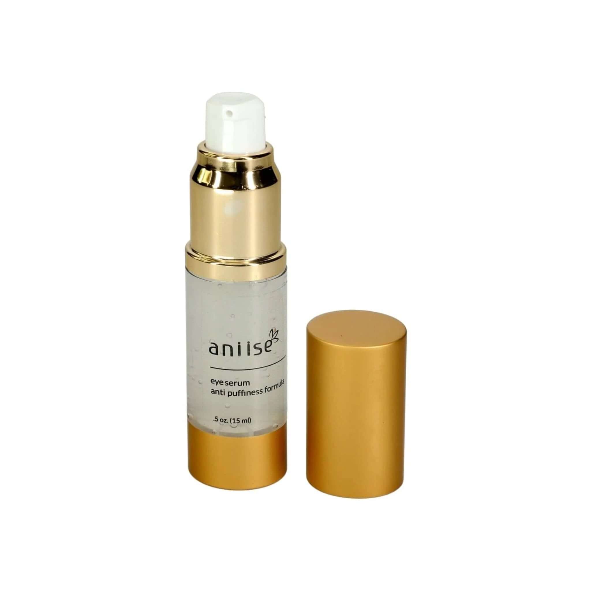 Anti-Puffiness Eye Serum with Hyaluronic Acid in a gold and clear bottle, designed to reduce puffiness and dark circles.