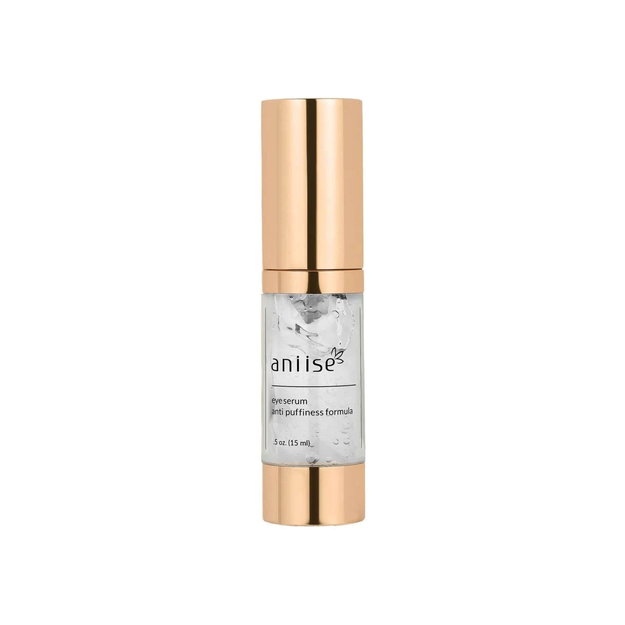Anti-Puffiness Eye Serum with Hyaluronic Acid in a gold and clear bottle to reduce puffiness and dark circles.