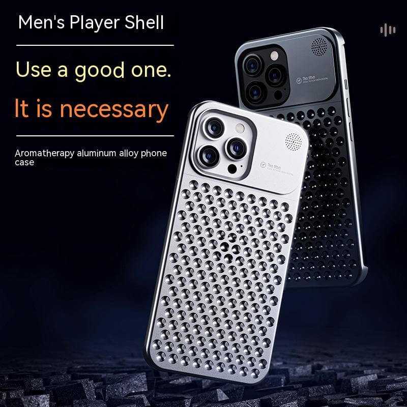 Aluminum alloy aromatherapy phone case for iPhone 14 and 13 Pro Max, featuring unique design and heat dissipation.