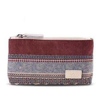 Durable canvas multi-pocket storage purse with artistic patterns and a zipper closure.