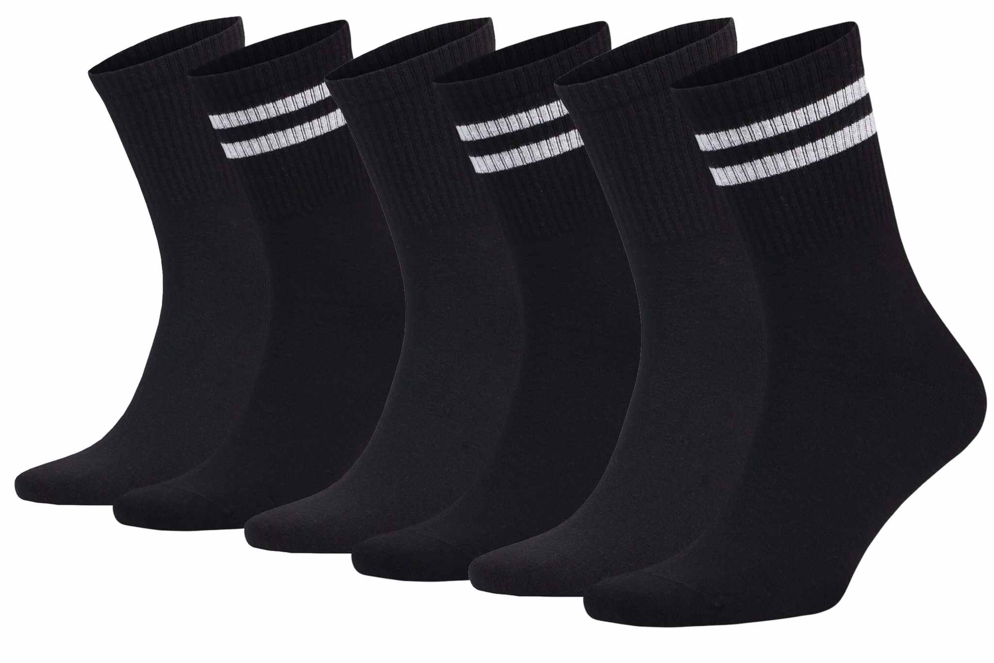 Six pairs of black athletic crew running socks with white stripes, breathable and moisture-wicking for comfort.