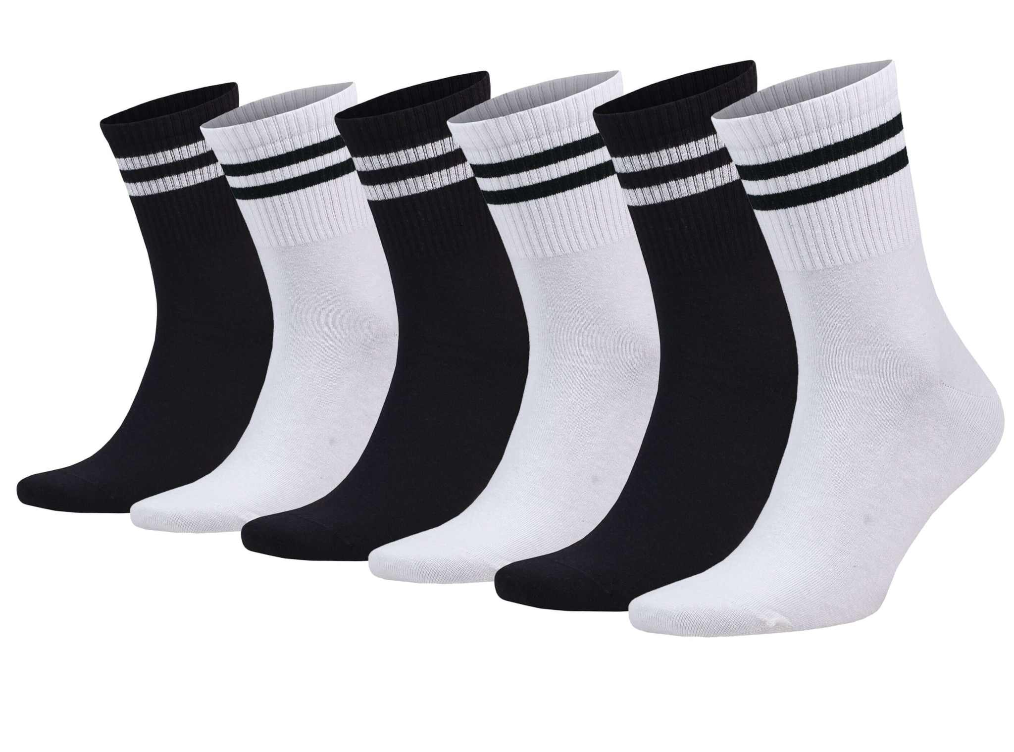 Set of 6 athletic crew running socks in black and white, featuring moisture-wicking fabric and a sporty 2-stripe design.