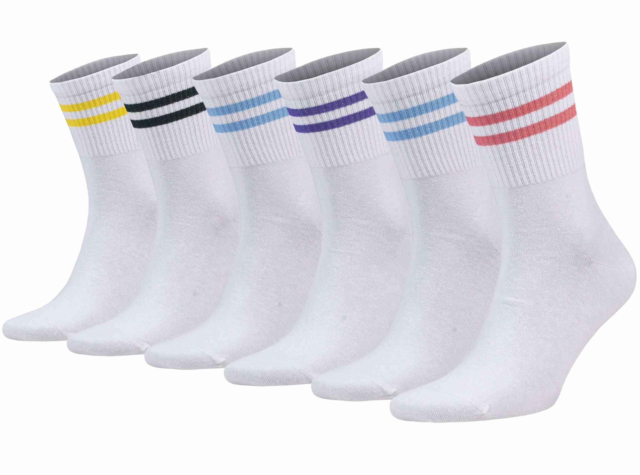 Set of 6 pairs of athletic crew running socks in white with colorful stripes for added style and comfort.