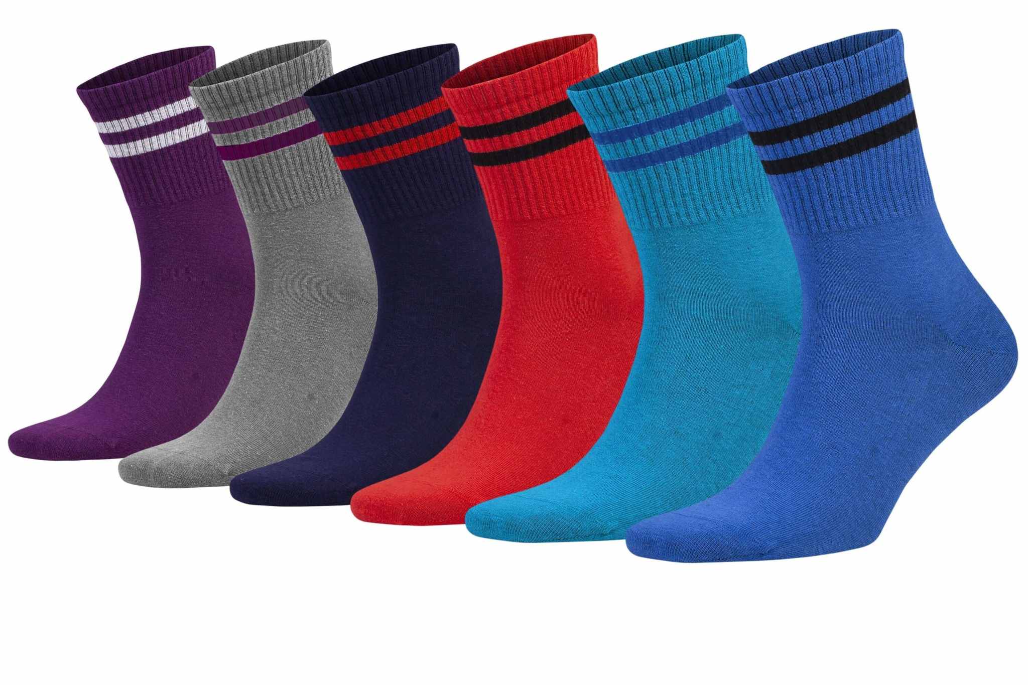 Athletic sport crew running socks, 6 colorful pairs, soft cotton, moisture-wicking, breathable design for shoe size 5-10.