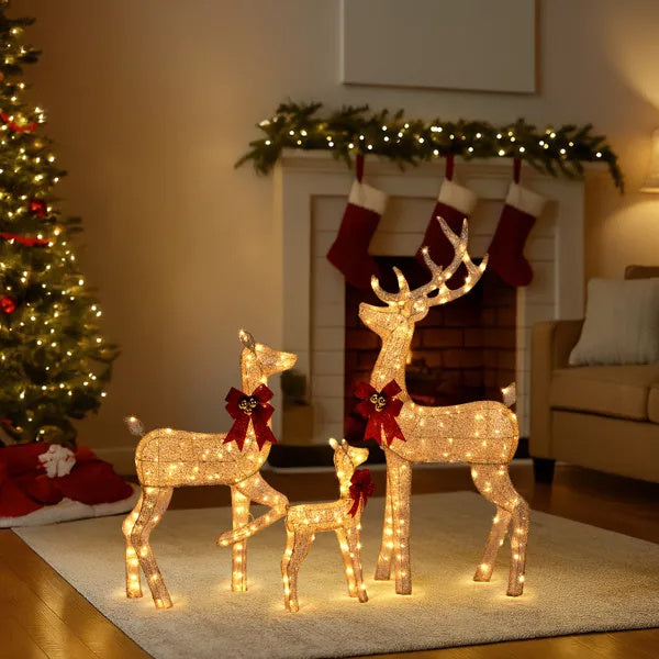 3-Piece Lighted Christmas Reindeer Family Set Outdoor Decorations, Weather Proof Sparkling Deer Family Set Of 3 Christmas Ornament Home Decor Pre-lit 290 LED Warm White Lights, 5FT, Golden