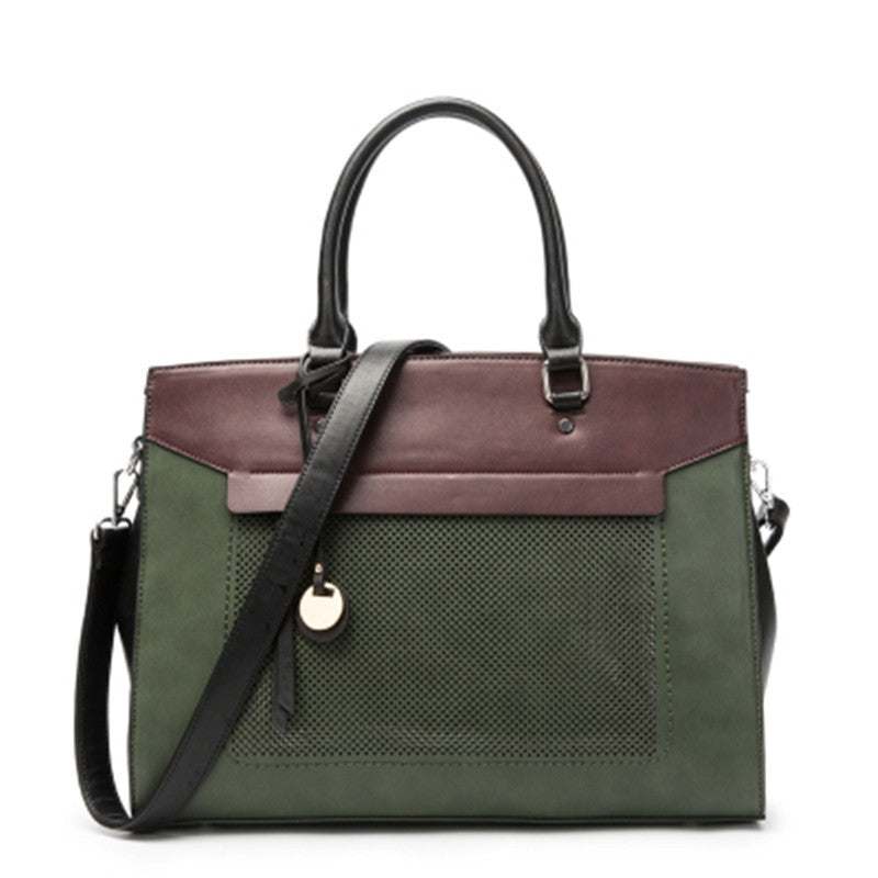 Fashionable computer bag for women in green and brown faux leather with stylish design.