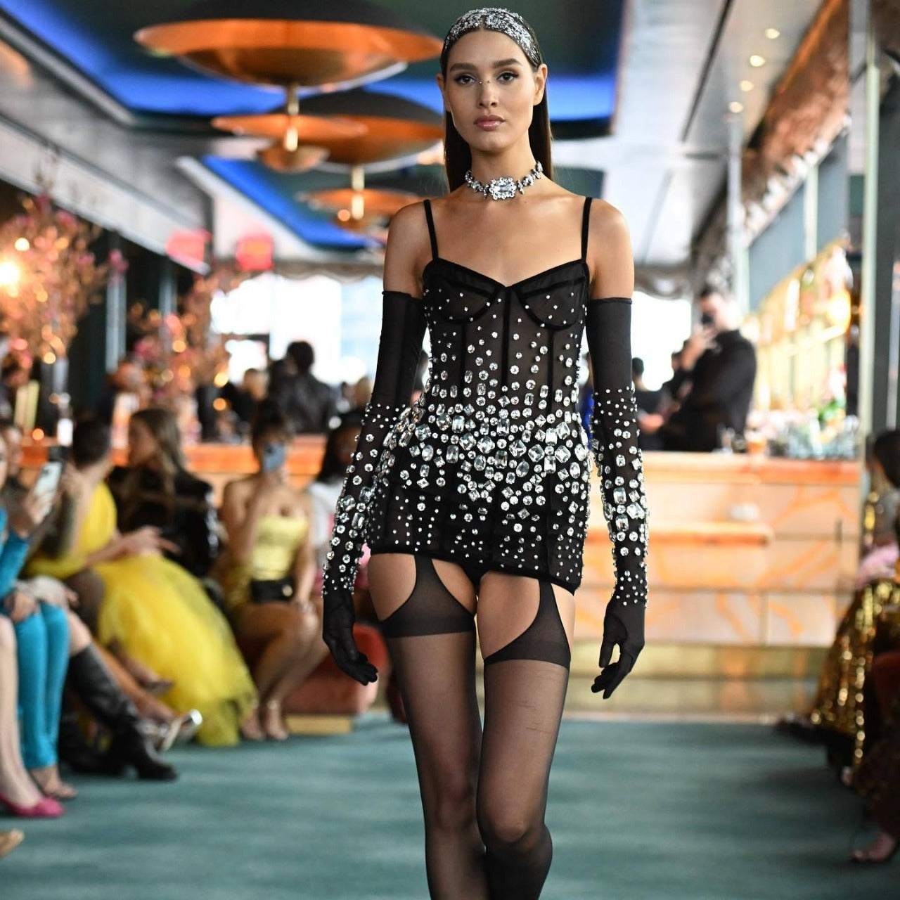 Rhinestone Fashionable Gloves Sexy Black Mesh Suspenders Dress