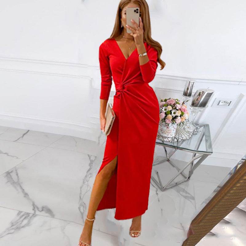 V Neck Long Sleeved Split Dress Evening Gift