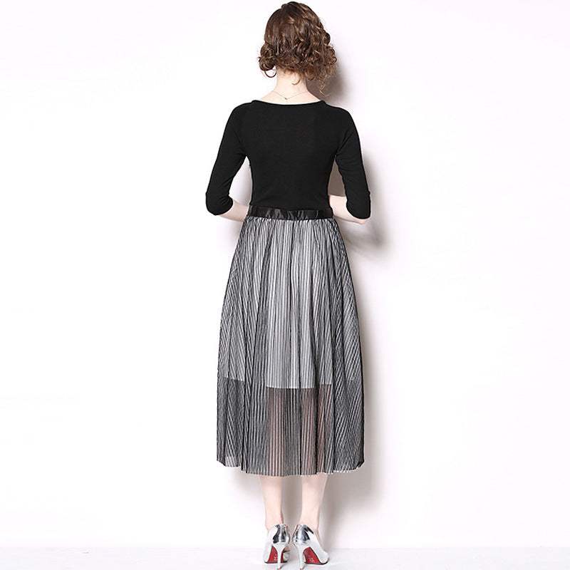 Women's Fashion Round Neck 34 Sleeves Patchwork Stripes Voile Dress