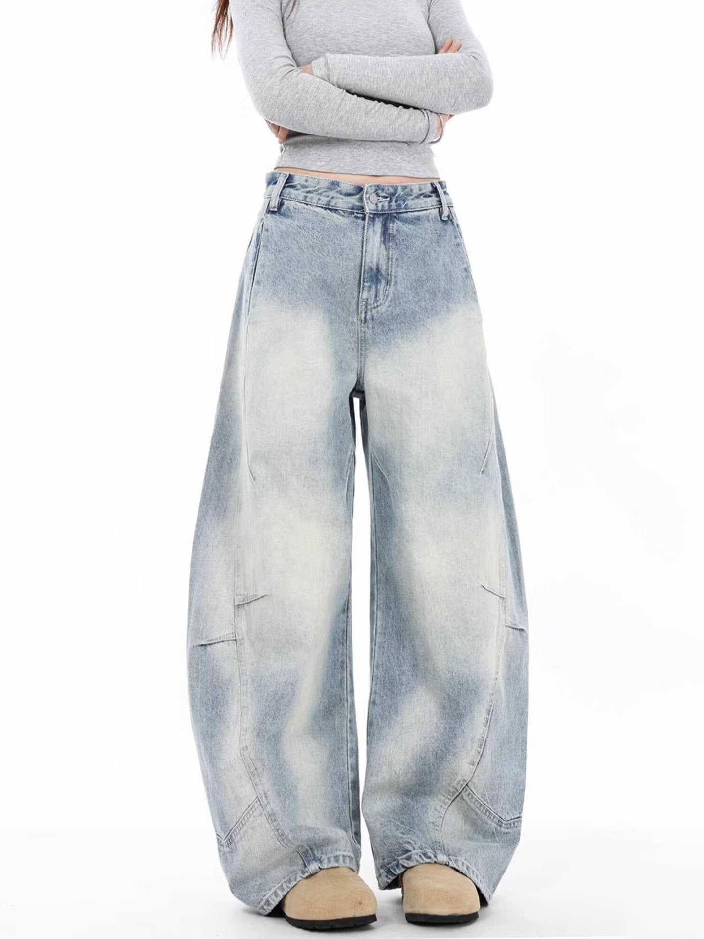 Vintage Distressed Straight Wide Leg Jeans