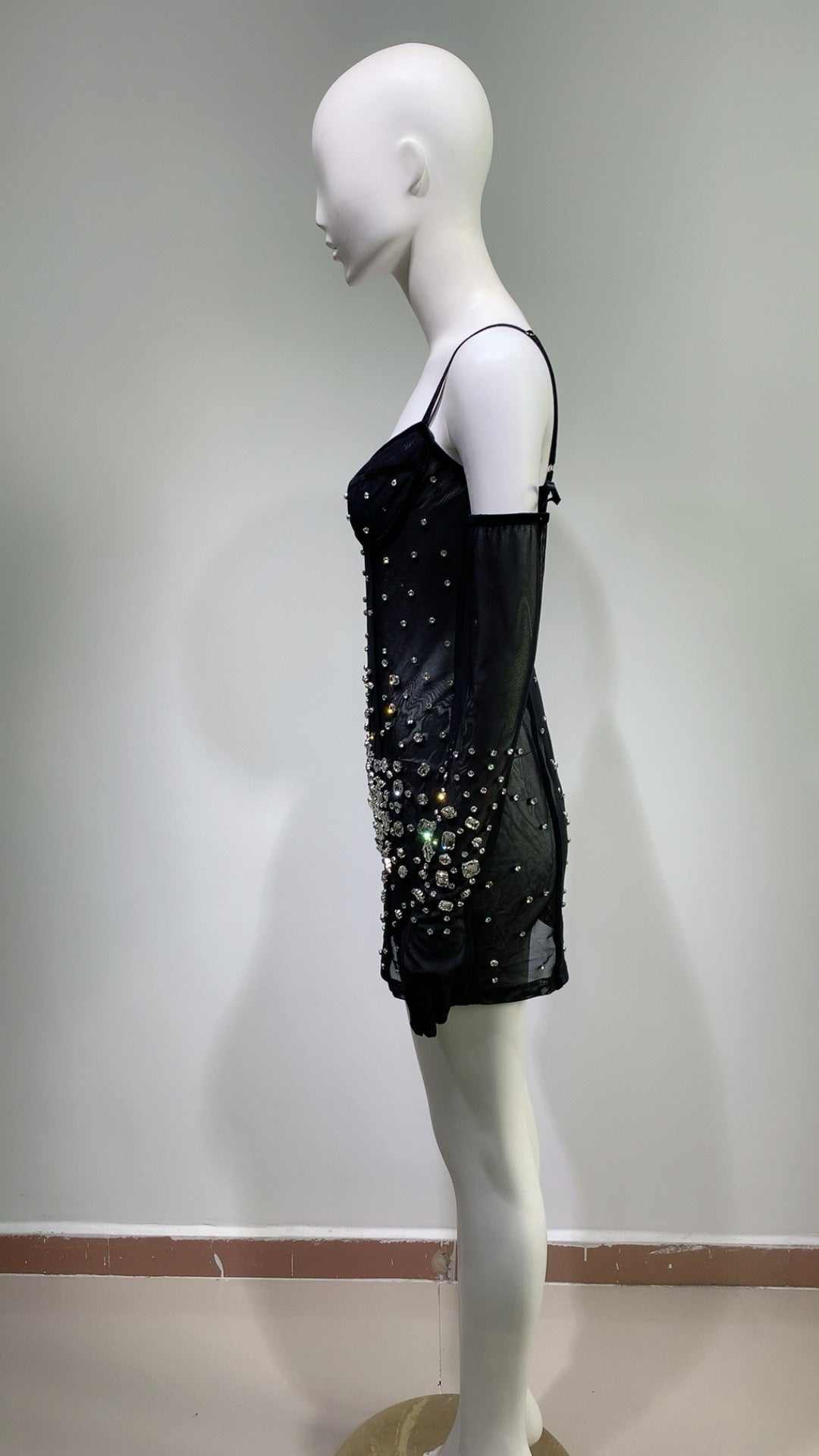 Rhinestone Fashionable Gloves Sexy Black Mesh Suspenders Dress