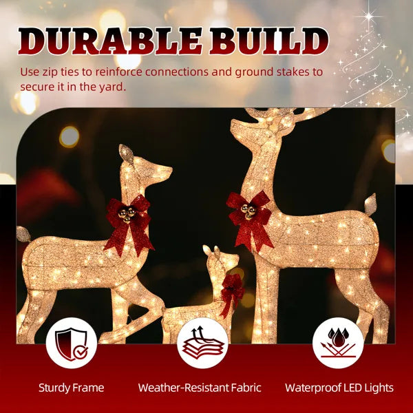 3-Piece Lighted Christmas Reindeer Family Set Outdoor Decorations, Weather Proof Sparkling Deer Family Set Of 3 Christmas Ornament Home Decor Pre-lit 290 LED Warm White Lights, 5FT, Golden