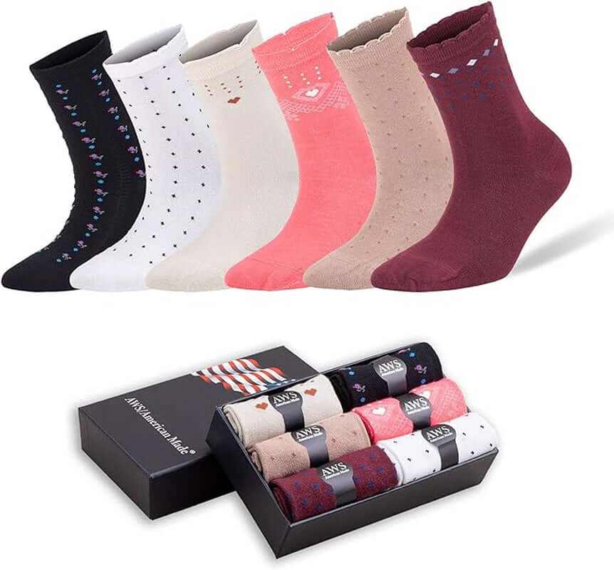 Bamboo crew socks for women in six colors with seamless toe and gift box packaging, size 6-9.