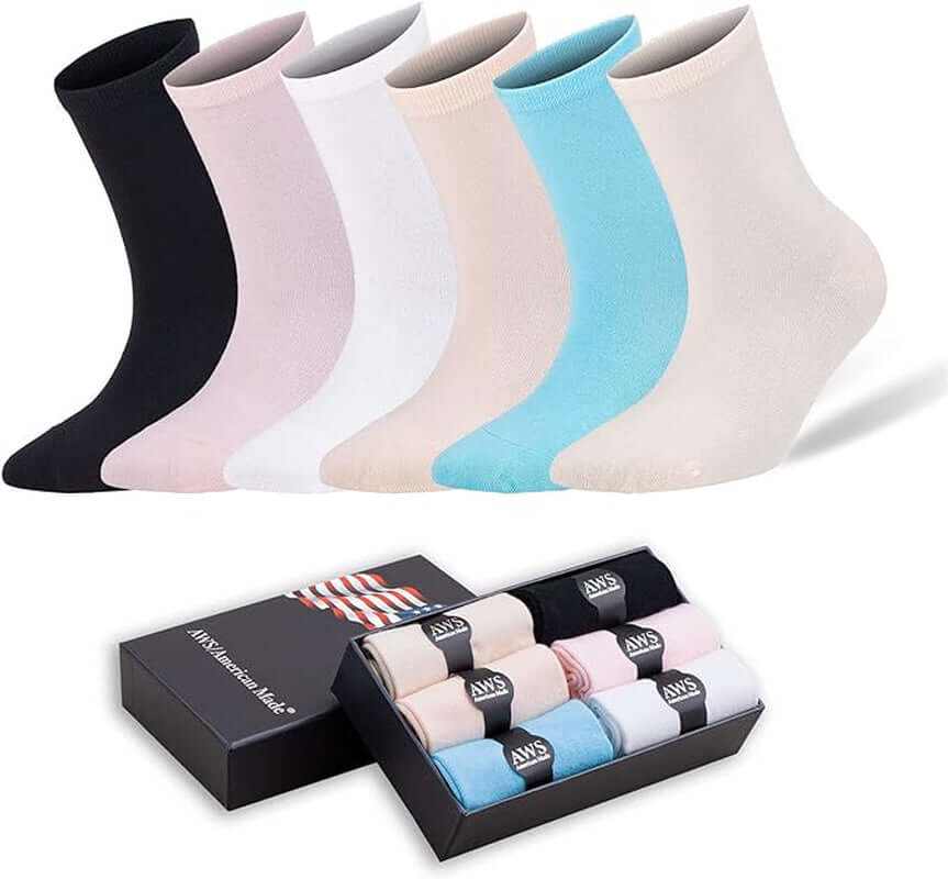 Bamboo crew socks for women in assorted colors with gift box, seamless toe design for comfort, size 6-9.