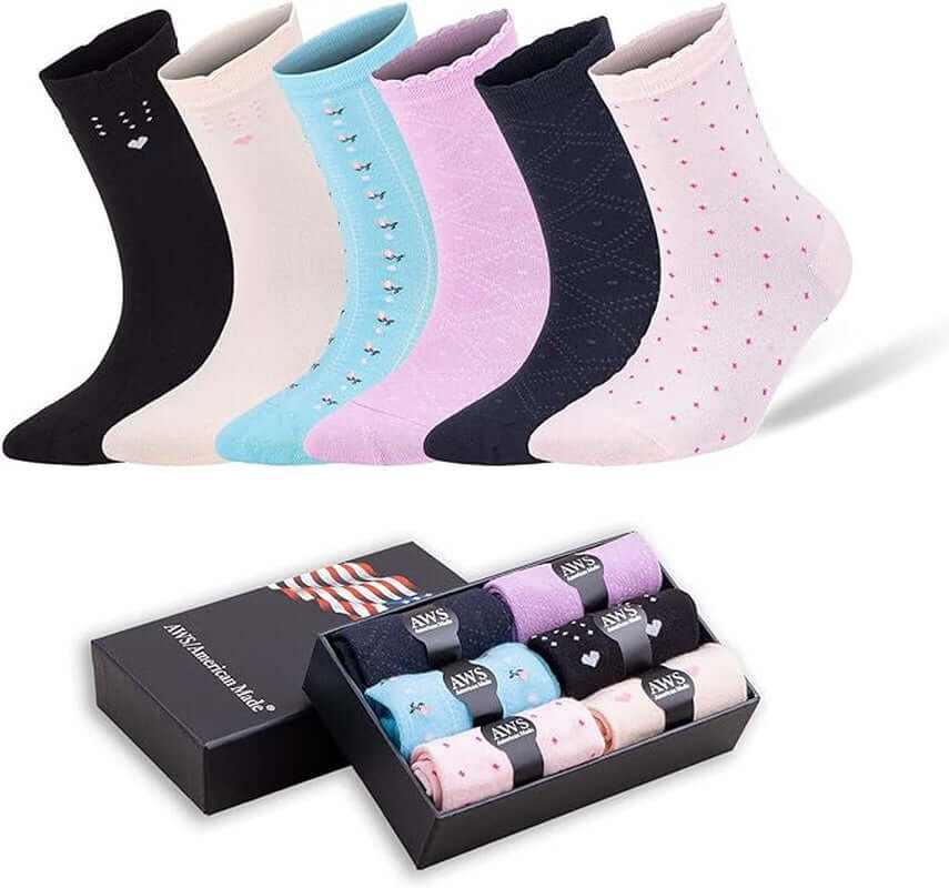 Bamboo crew socks for women, size 6-9, seamless toe, 6 pairs gift box with colorful designs.