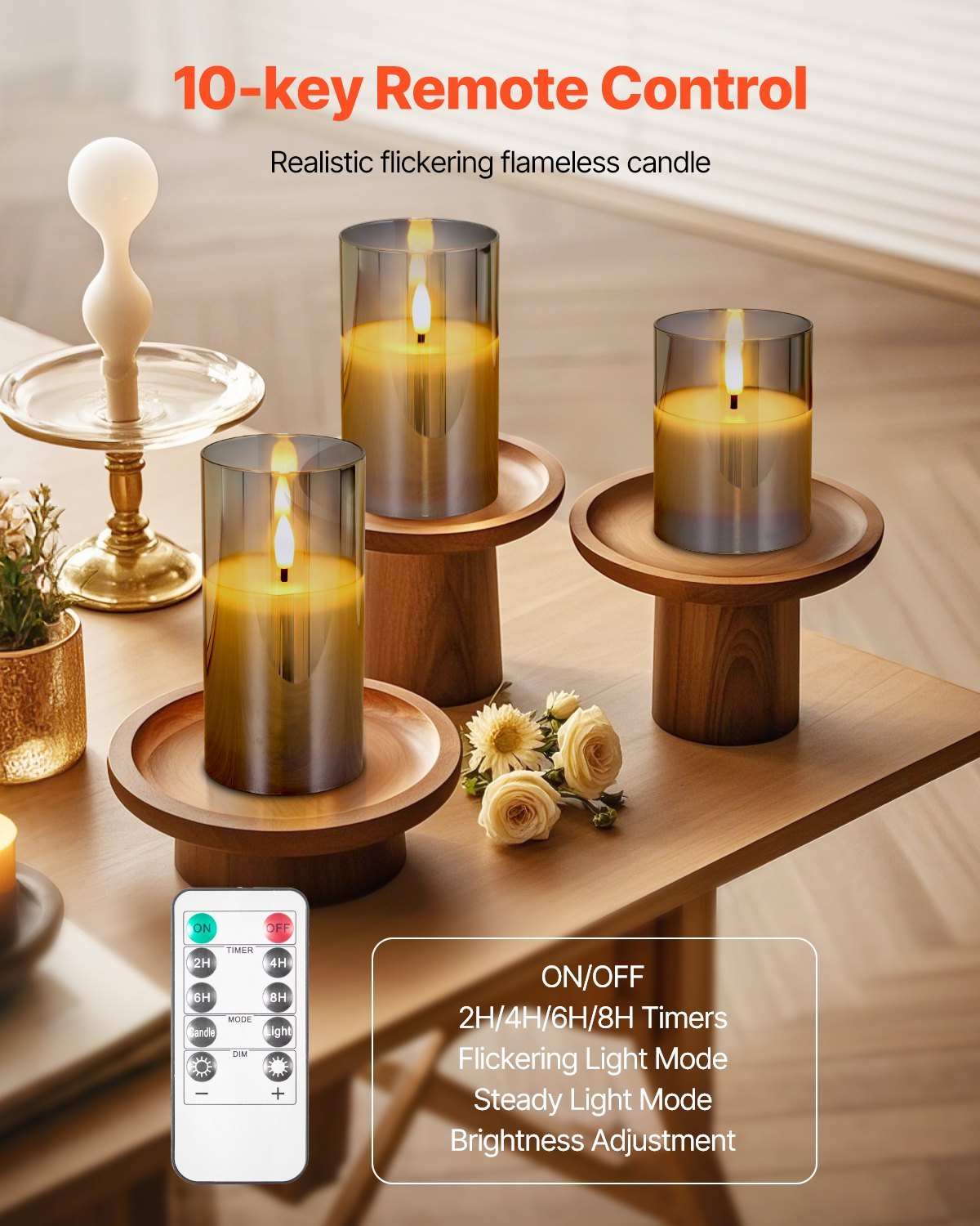 Battery operated flameless LED candles with 10-key remote control and realistic flickering effect.