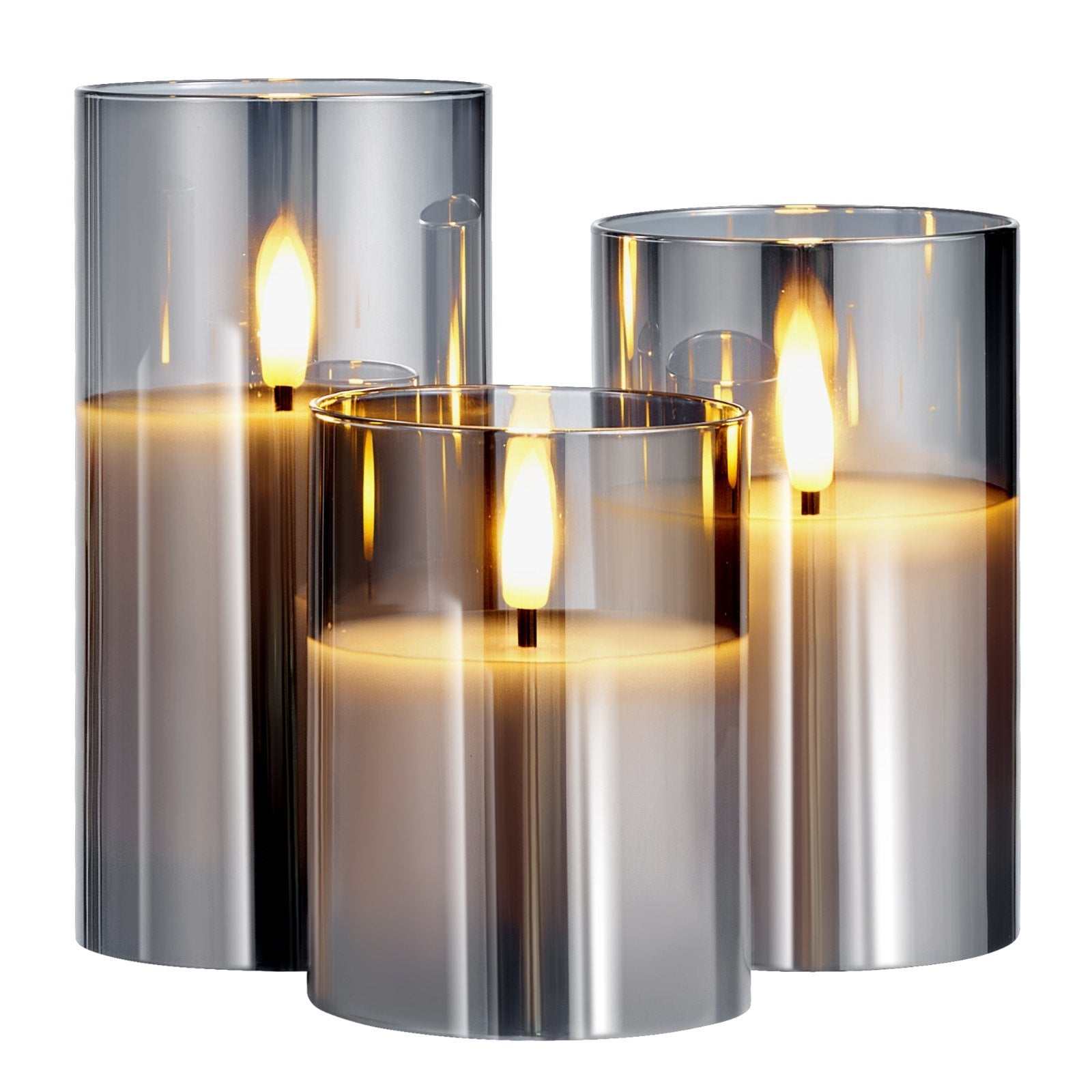 battery operated flameless LED candles in glass holders with flickering flames, perfect for home decor.