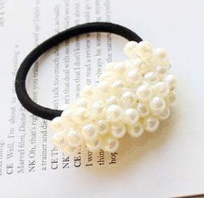 Beaded hair rope elastic band with white pearl beads on cloth material