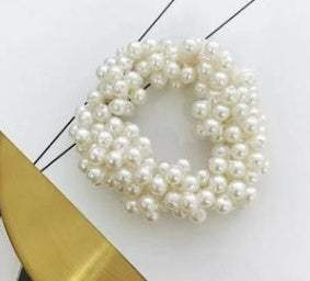 Beaded hair rope with white pearl beads and cloth material accessory