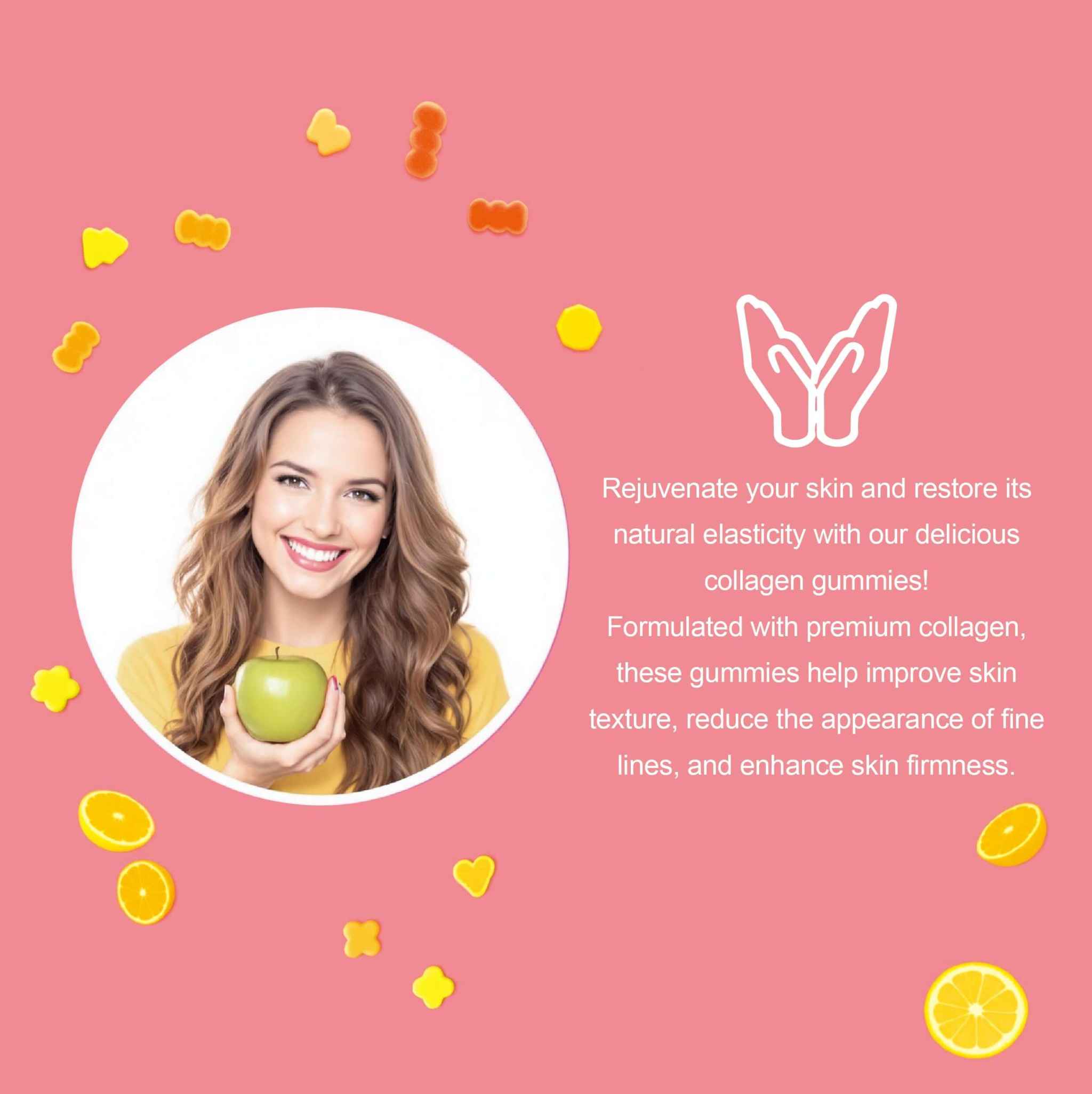 Woman holding a green apple next to Beauty Boosting Collagen Gummies on a colorful background.