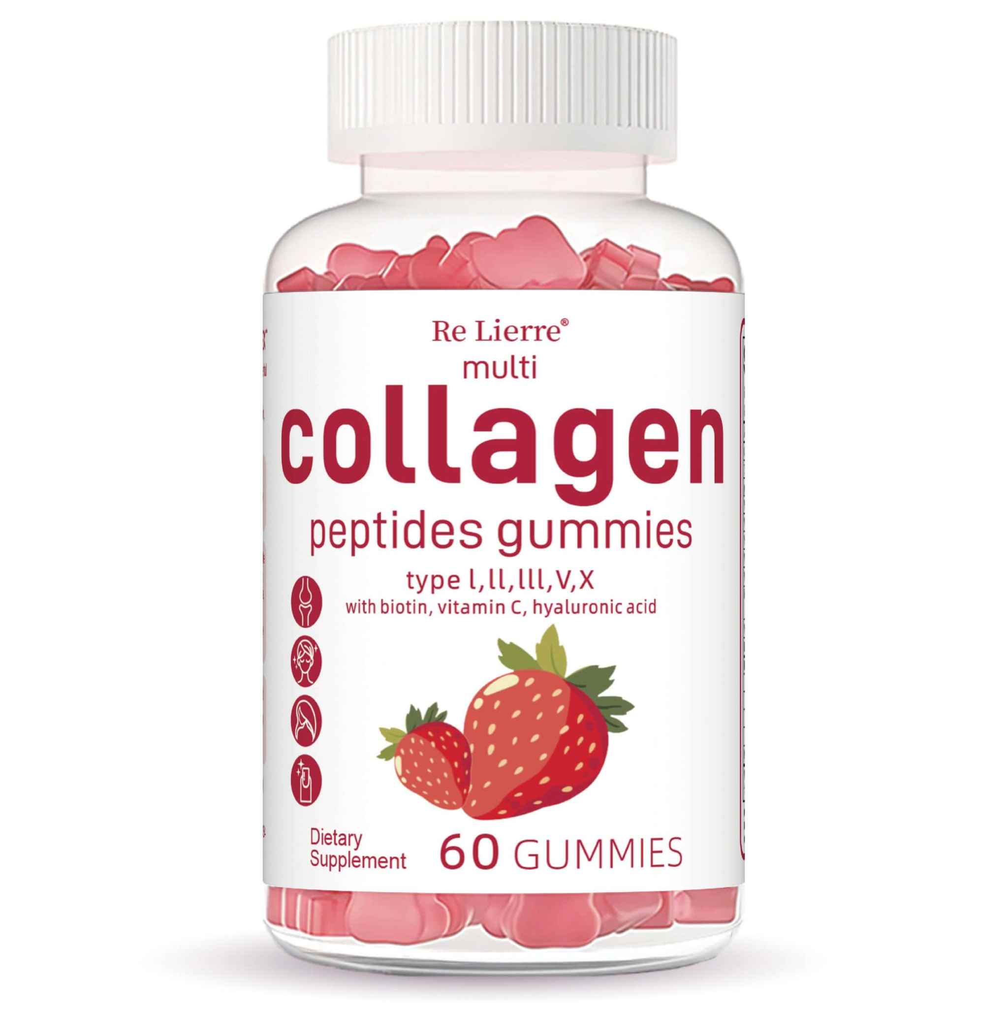 Re Lierre collagen peptides gummies bottle with strawberry flavor, contains biotin and vitamin C, 60 count.