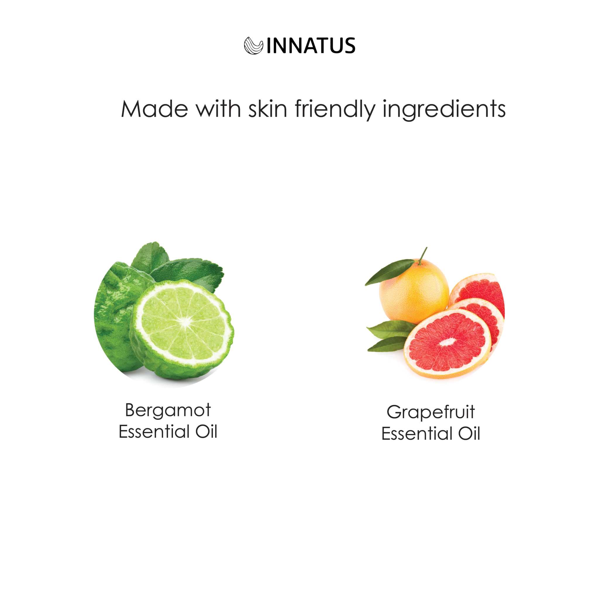 Bergamot and Grapefruit essential oils, highlighting skin-friendly ingredients for natural wellness.