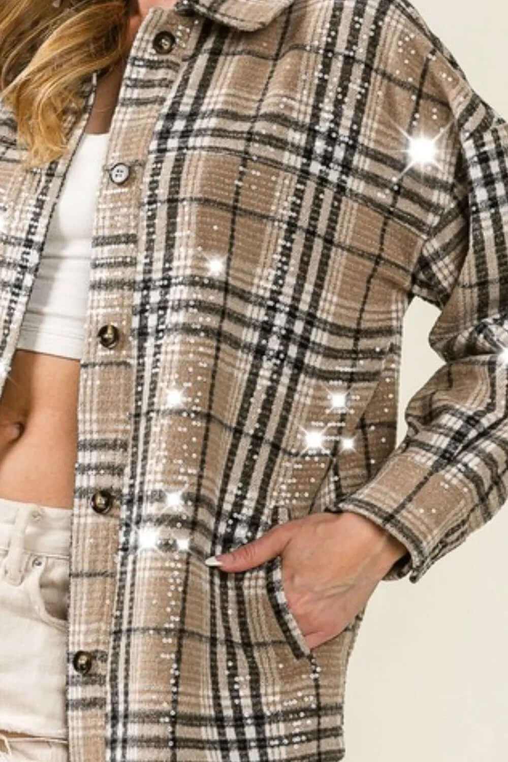 Bibi Allover Clear Sequins Vintage Plaid Jacket featuring oversized style and sparkling plaid design.