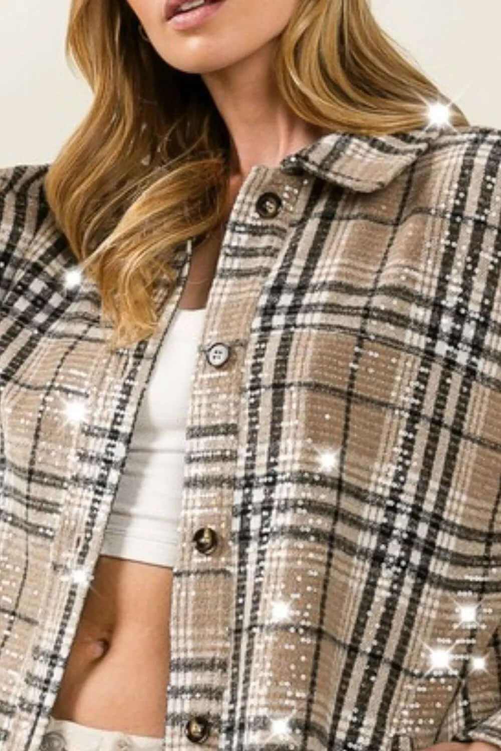 Close-up of Bibi Allover Clear Sequins Vintage Plaid Jacket featuring shimmering sequins and classic plaid pattern.