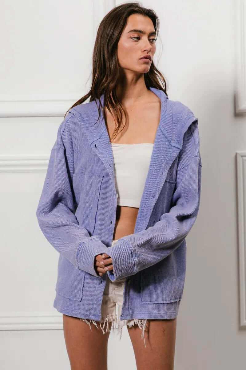 Model wearing Bibi Washed Waffle Thermal Hooded Jacket in light purple, showcasing a cozy and stylish look for chilly days.