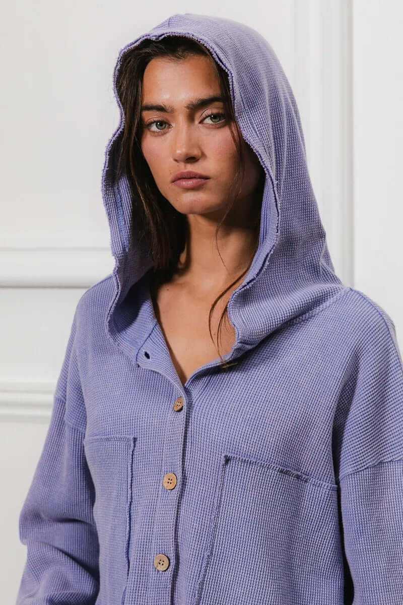 Bibi Washed Waffle Thermal Hooded Jacket in light purple with oversized fit and button details, perfect for cozy casual wear.