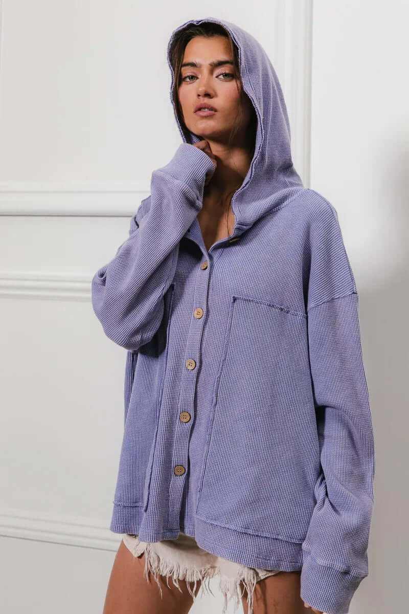 Bibi Washed Waffle Thermal Hooded Jacket in purple with button closure and oversized fit for stylish warmth.