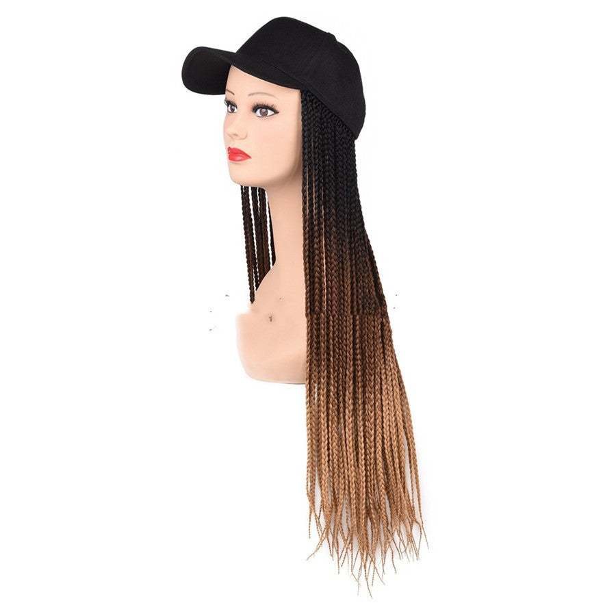 Black cap with long ombre color braided hair rope wig on mannequin head