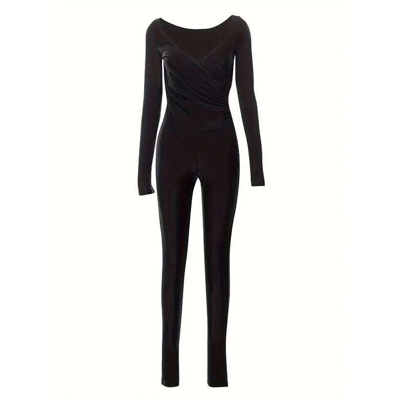 Night Out Women’s black solid color long sleeve spandex jumpsuit for women