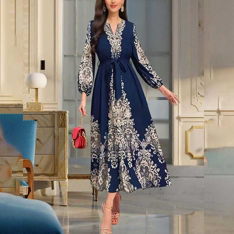 Women's Bohemian Floral Print Maxi Dress in navy with long sleeves and drawstring waist