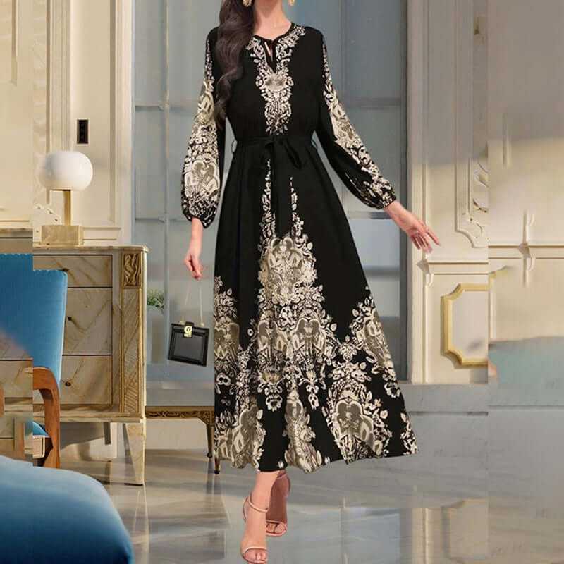 Women's Bohemian Floral Print Maxi Dress in Ethnic Middle Eastern Style with Long Sleeves and Drawstring Waist