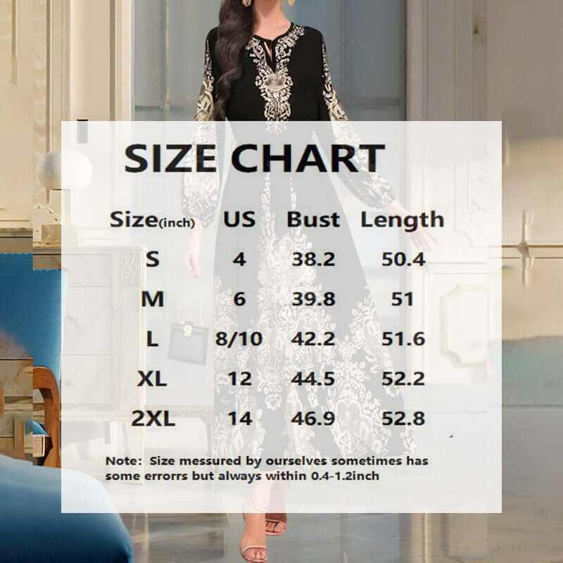 Size chart for women's bohemian floral print maxi dress including US sizes, bust, and length measurements.