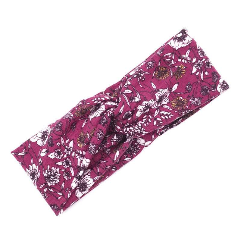 Boho Chic floral cross fabric headband in rose pink with white and black flower print