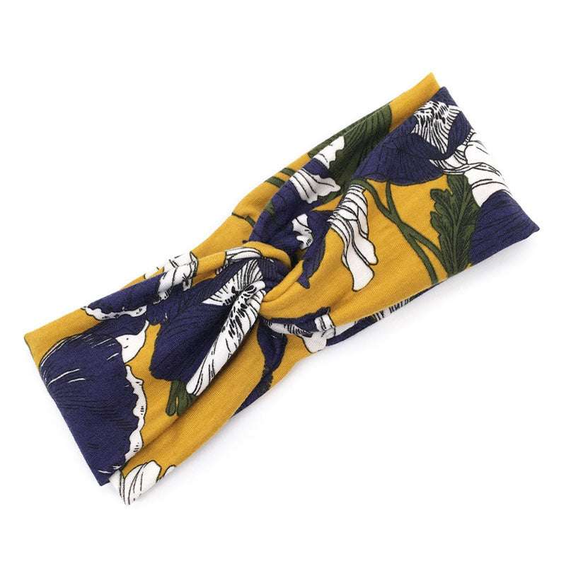 Boho Chic Floral Cross Headband in yellow with blue and white floral print, fabric material, women's bow style accessory