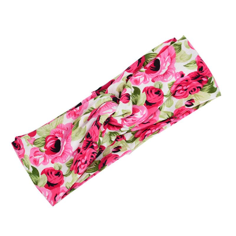 Boho Chic Floral Cross Headband with pink and green floral fabric bow design