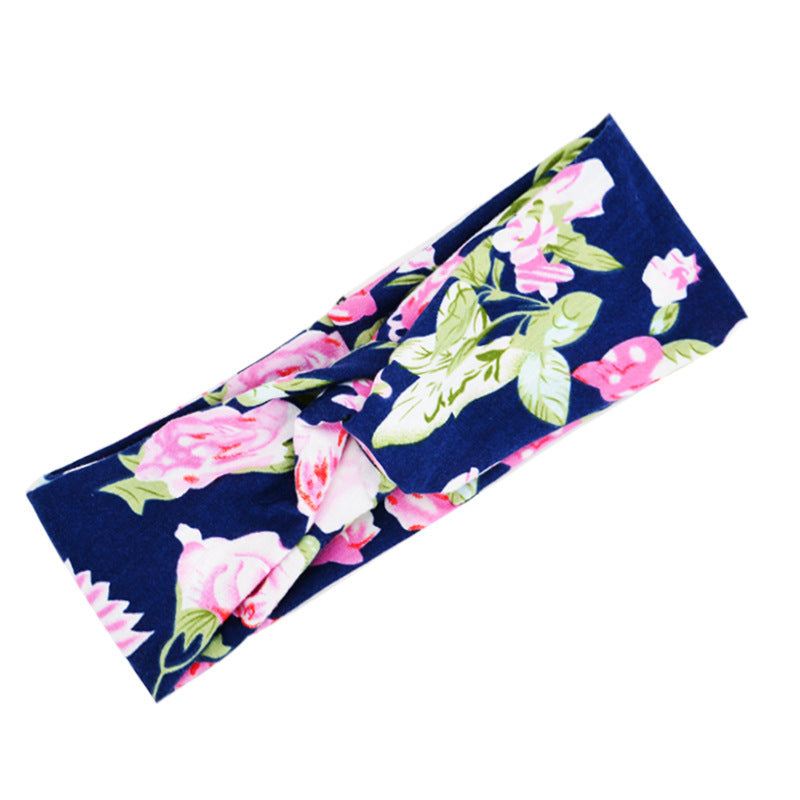 Blue floral boho chic cross fabric headband with pink roses and green leaves