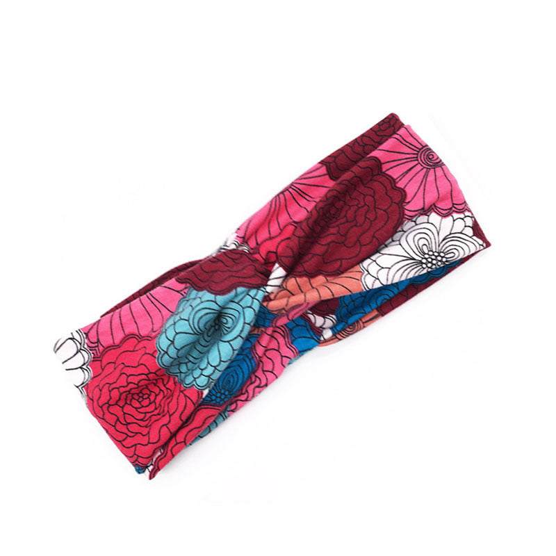 Boho Chic Floral Cross Headband with colorful fabric flowers and cross knot design